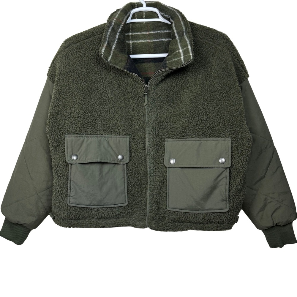 American Eagle Reversible Bomber Jacket Plaid Womens Size S Gree1n Pockets Y2K‎